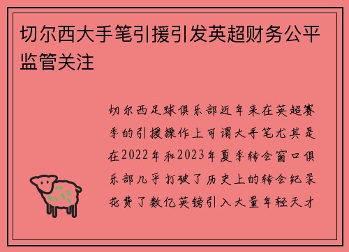 切尔西大手笔引援引发英超财务公平监管关注 切尔西大手笔引援引发英超财务公平监管关注