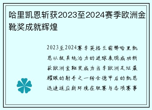哈里凯恩斩获2023至2024赛季欧洲金靴奖成就辉煌